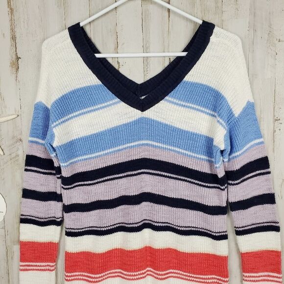 Maurices Striped V-neck Sweater Red White Blue Size XS - Picture 2 of 10